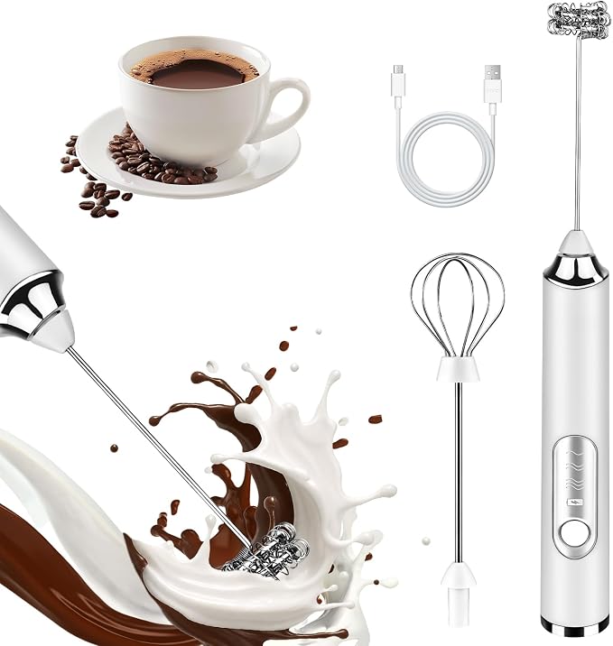 Handheld Milk Frother, Rechargeable Milk Frother, Coffee Mixer Wand, White | Electric Drink Mixer with 2 Stainless Steel Whisks 3 Speeds, Frother Wand for Latte, Cappuccino, Matcha, Hot Chocolate, Egg