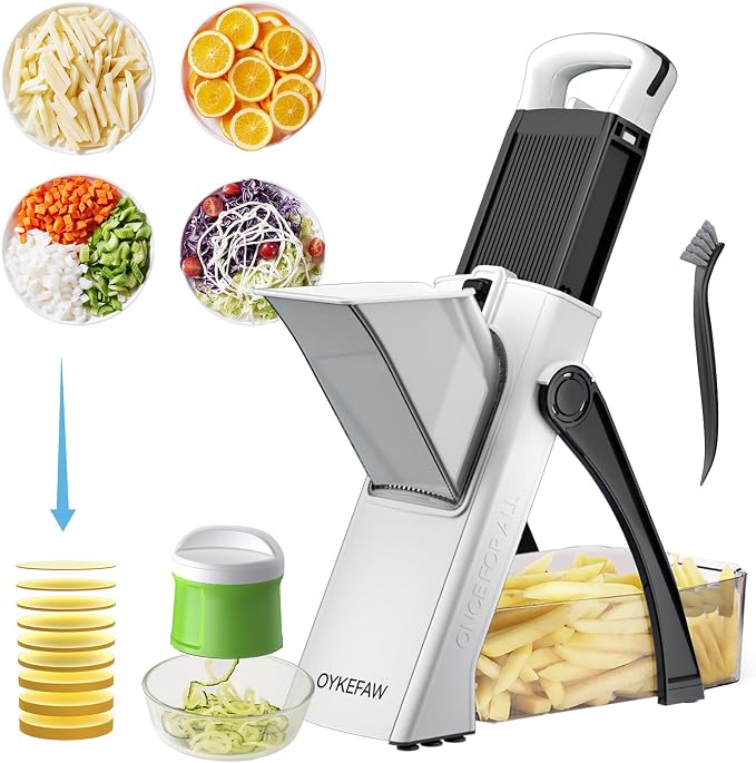Safe Mandoline Slicer for Kitchen, Vegetable Chopper, Zucchini Spiralizer | Safe Mandoline Slicer, French Fry Cutter For Potatoes, Potato Slicer, Food Chopper, Adjustable Thickness 0.1-8 mm with Brush