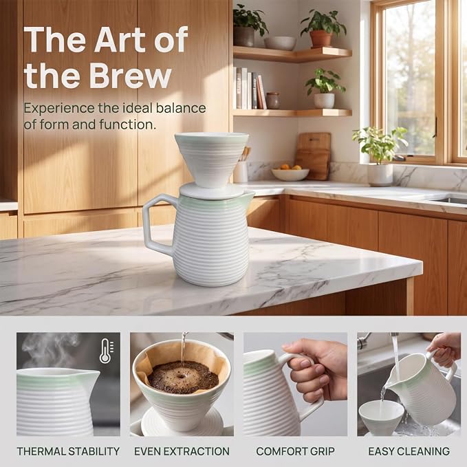 pour over coffee maker - Ceramic Dripper Pot, Heat-Resistant & Easy Clean | Manual Slow Drip Coffee Brewer for Office, Home, Camping 1-3 Cup Pour 20 coffee filters