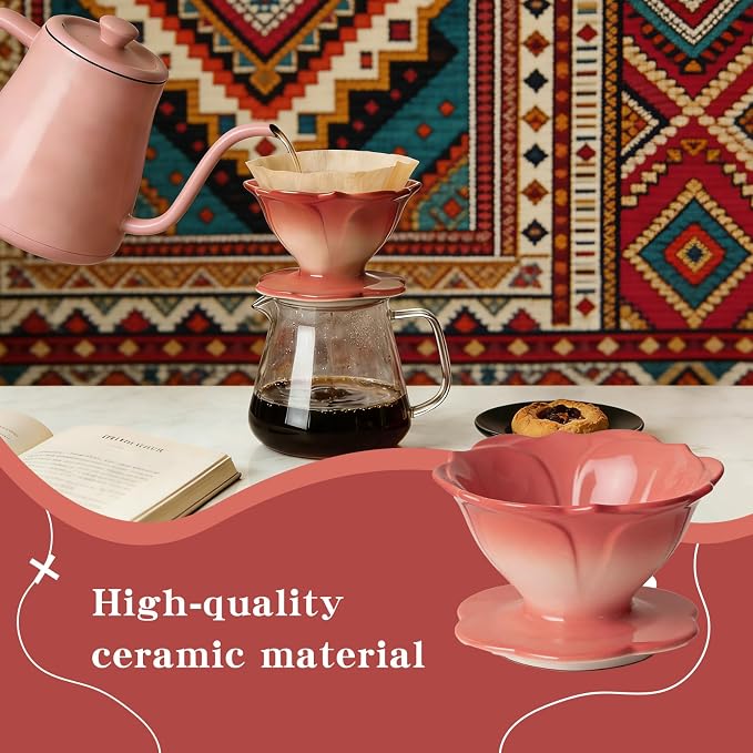 Premium Ceramic Pour Over Coffee Dripper，Includes 40pcs Coffee Filter Papers, suitable for home and travel, Flower Petal Dripper（Gradient Red）