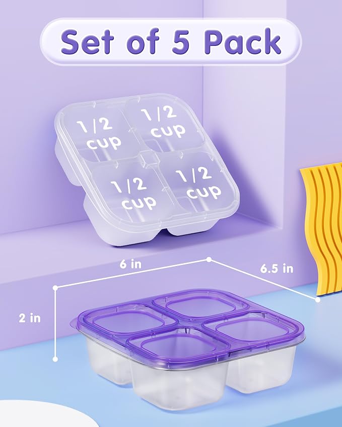 Canfanni 5 Pcs Bento Snack Containers, Reusable 4 Compartment Divided Food Storage Containers, Divided Lunchable Container for School, Work and Travel (All Transparent)