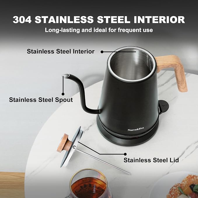 Nueve&Five Electric Gooseneck Kettle with Thermometer, 1.0L Pour Over Hot Water Kettle for Coffee and Tea, 1000W, Auto Shutoff, Boil-Dry Protection, Matte Black