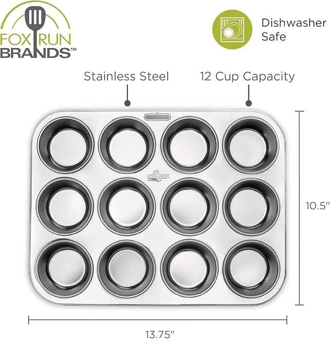 Fox Run Muffin and Cupcake Pan, 12 Standard Cup Stainless Steel Muffin Pan | Bake Cupcakes & Muffins | 12 Standard Cups | Durable Dishwasher Safe Stainless Steel | Consistent Results | Warp Resistant