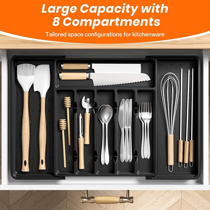 RoomHacks Large Silverware Organizer,Expandable Utensil Drawer Organizer,BPA Free Utensil Holder,Adjustable Silverware Tray Cutlery Drawer Organizer for Kitchen Flatware,Large,Black (6-8 Slots)