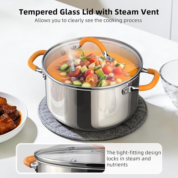 Ciwete Stainless Steel Stock Pot, 11 Quart Soup Pot with Lid, Heavy-Duty Thick Bottom Induction Cooking Pot for Pasta, Stew & Simmering, Fast Heating, Compatible with All Cooktops, Dishwasher Safe