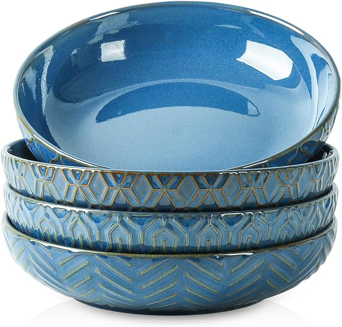 Sureasy Pasta Bowls Set of 4, 30oz Large Embossed Serving Bowl Plates, 8.5 Inch Wide and Shallow Plate Bowls, Microwave, Oven & Dishwasher Safe, Blue