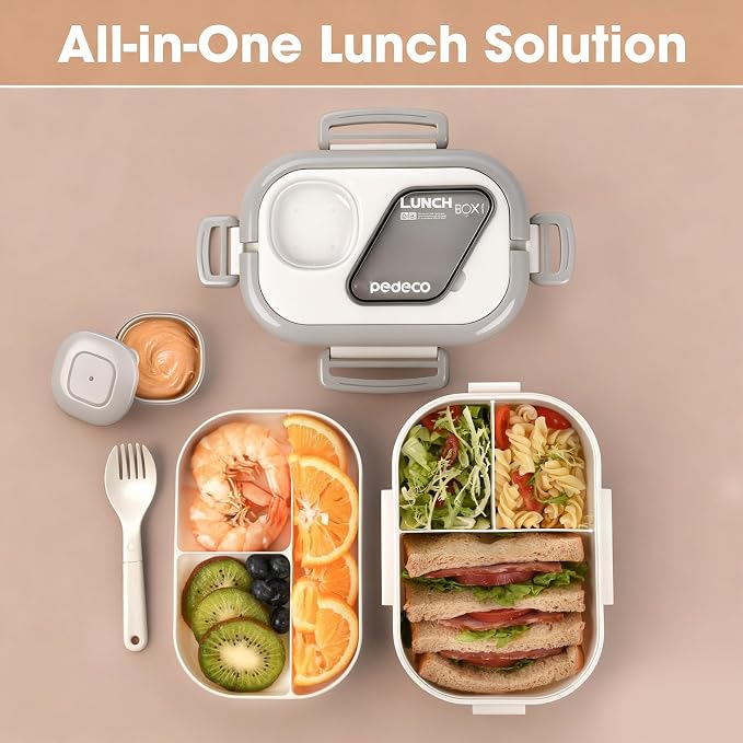 White Bento Box with Bag for Adult Kid, Leakproof 2-Layers Stackable | Insulated bag and sauce pod,2-tier stackable 1100ml ,Microwave & dishwasher safe, BPA-free,For school, work, travel, picnic