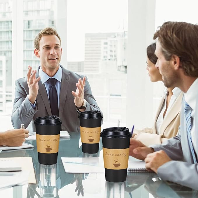 Lamosi 100 Pack 16 oz Coffee Cups, Disposable To Go Paper Cups with Lid | Hot Insulated Cups with Lids, Stir Sticks and Sleeves for Cold Drinks, Tea and Latte, Cafe, Travel and Home Use