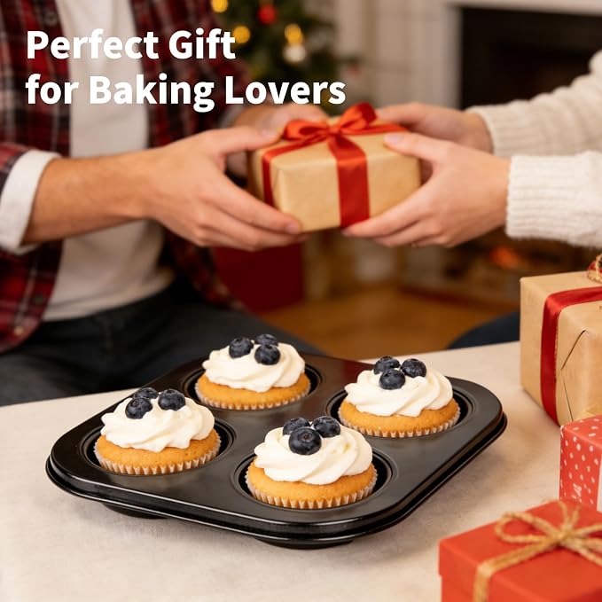 2 Pack 4-Cup 6/12/24/48 Cups Round Muffin Pan, Heavy-Duty Carbon Steel Nonstick Cupcake Baking Pan, 2.56” Standard Size Cups, Compact 7.28” Square Design, Oven & Dishwasher Safe