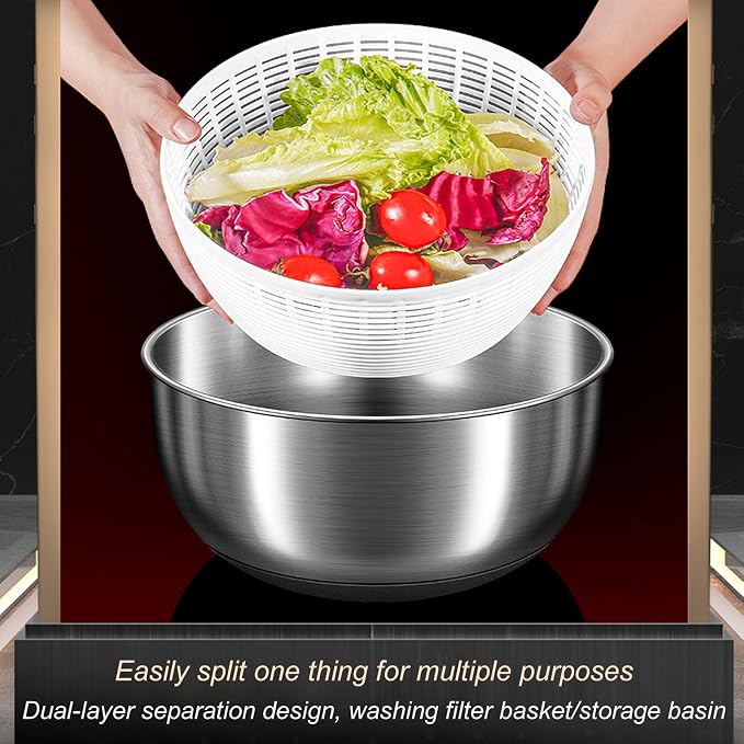 Electric Salad Spinner, 4.8L Large Capacity Lettuce Spinner Stainless Steel Salad Rotator Vegetable Dryer Fruit Washer Lettuce Cleaner Drainage Basket, USB Rechargeable Salad Dryer Food Dehydrator
