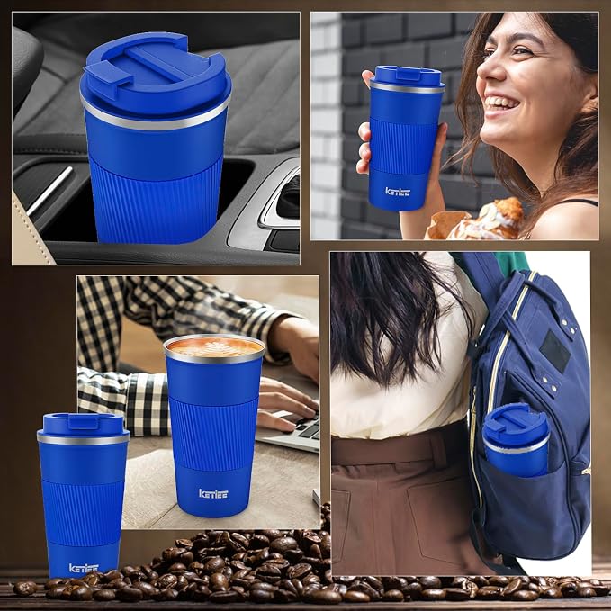 KETIEE Travel Coffee Mug 12oz: Insulated Travel Mug with Leakproof Lid, Reusable Coffee Cups with Seal Lid, Vacuum Stainless Steel Tumbler to Go for Hot/Ice Drinks (Blue) | Reusable Coffee Cups with Seal Lid, Vacuum Stainless Steel Tumbler to Go for Ho...