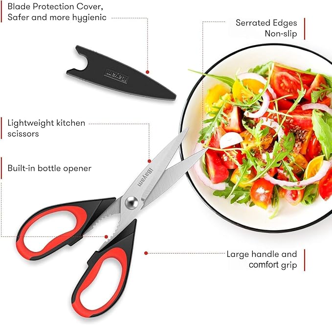 iBayam Kitchen Scissors Shears All Purpose Heavy Duty, Protective Sheath | 2-Pack, Ultra-Sharp Stainless Blades, Soft Comfort-Grip, Dishwasher Safe, Cutting Food Cooking Meat Poultry Kitchen Utensils