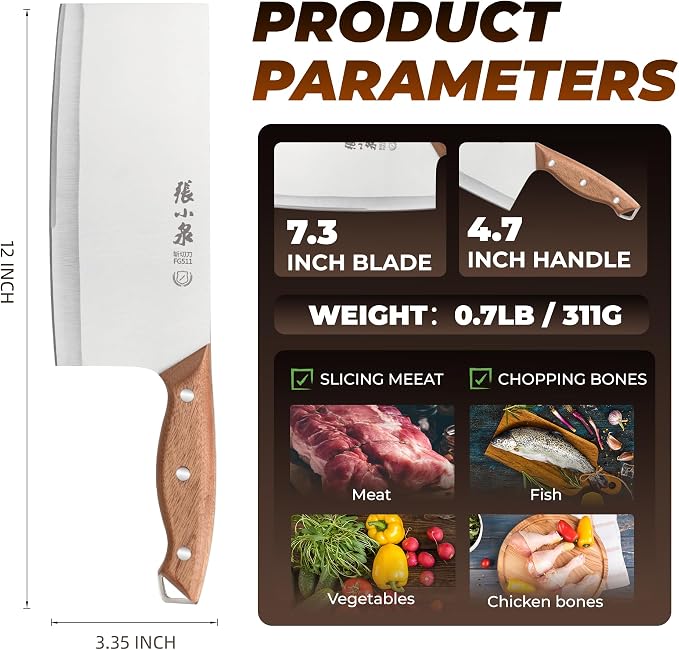 ZHANG XIAO QUAN 7.3” Meat Cleaver Butcher Knife, Chinese Vegetable Chopper Slicing Knife, Professional Chef Knife with Wood Handle and High Carbon Stainless Steel Sharp Blade