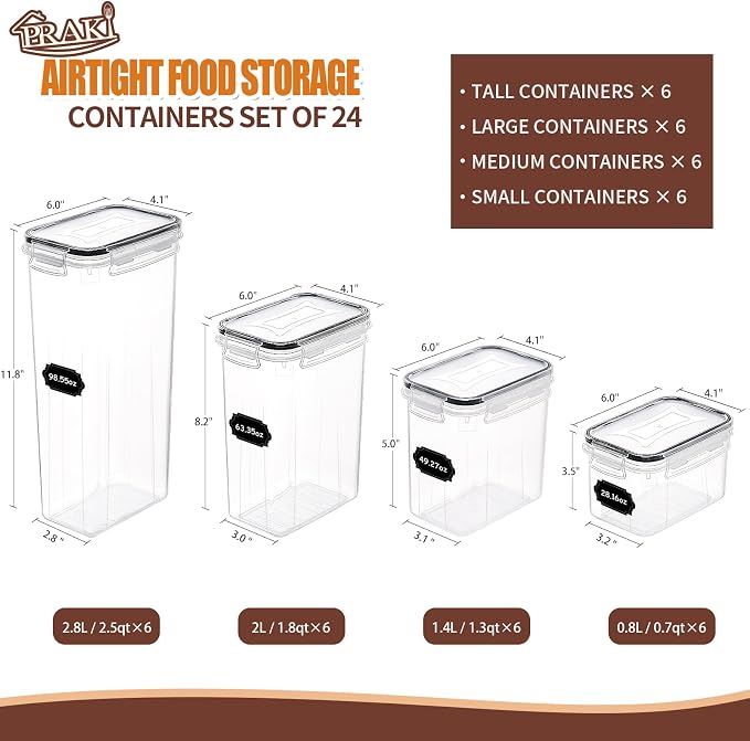PRAKI Airtight Food Storage Containers Set with Lids - 24 PCS, BPA Free | Multiple Sizes Cereal Containers Storage Set, Pantry Organizers and Storage for Cereal Flour & Sugar - Labels & Marker (Grey)