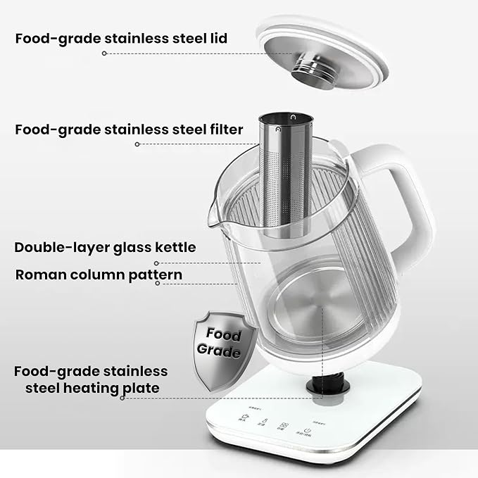 Double-Layer Electric Kettle1.5L with Stew Pot,Glass Health Pot, 9-in-1 Glass Tea Maker, Programmable Touch Panel, Stainless Steel Base for Soup, Porridge, Herbal Tea