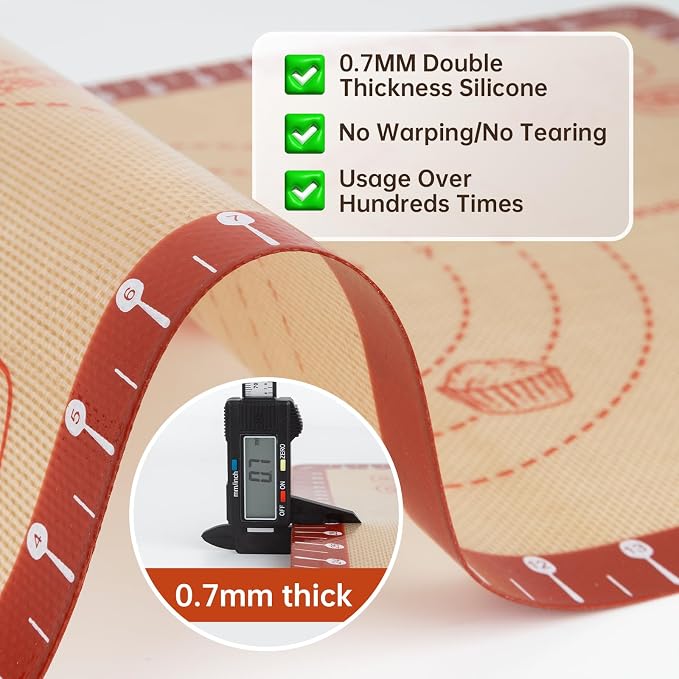 Silicone Baking Mat with 10 Recipes, Extra Thick Silicone Mats for Baking, Non Stick Pastry Mat for Rolling Dough, Silicone Macaron Baking Mat for Cookie,Bread,Pizza,Fondant Mat, Oven&Dishwasher Safe