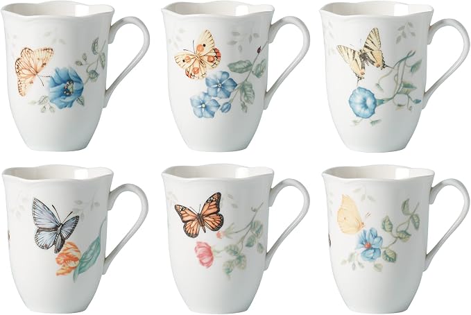 Lenox 892798 Butterfly Meadow 6-Piece Mug Set | dishwasher safe, microwave safe | floral design | coffee mug gift for coffee lovers | 12oz, gift for women