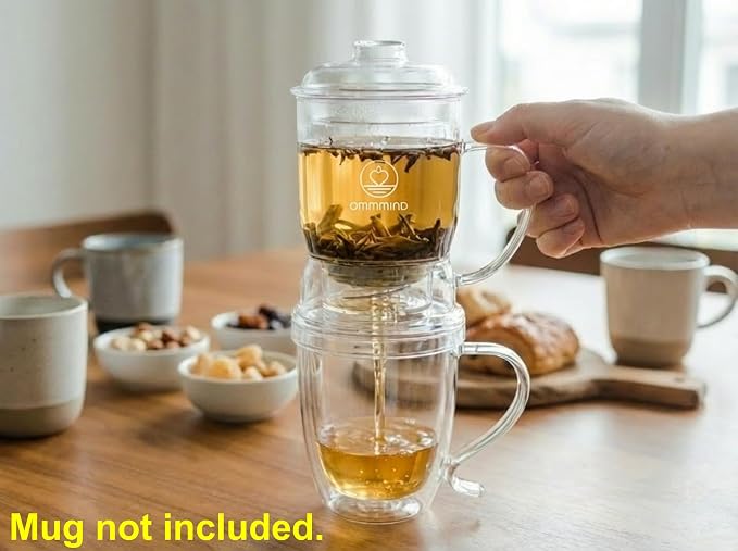 Glass Tea Infuser, Easy Drain for Loose Leaf, 15.2 oz, Clear | Fits rims under 3.15 in; set on mug to drain, lift to stop, helps limit bitterness. Dishwasher safe; tea bags, herbs, coffee