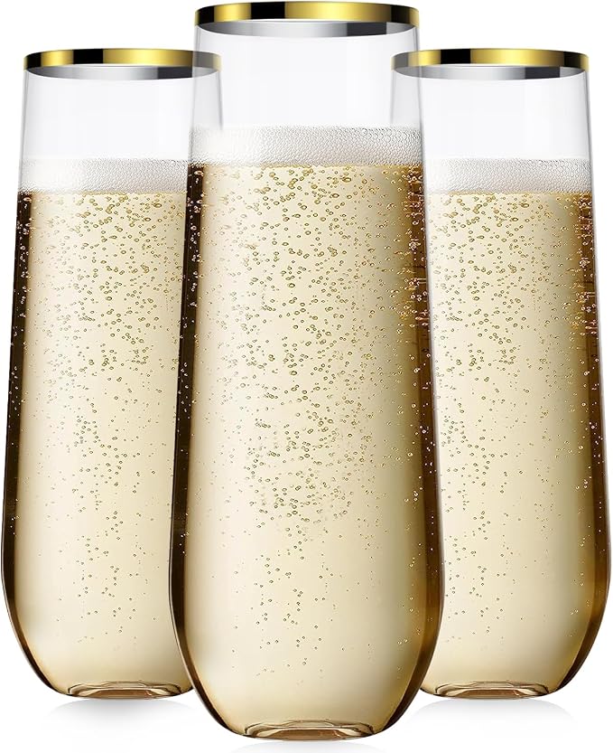 48 Pack Plastic Champagne Flutes, 9 Oz Disposable Wine Mimosa Glasses | Gold Rimmed Stemless Champagne Flutes Cocktail Glasses, Clear Plastic Cups for Bridal Shower Bachelorette Party Mimosa Bar