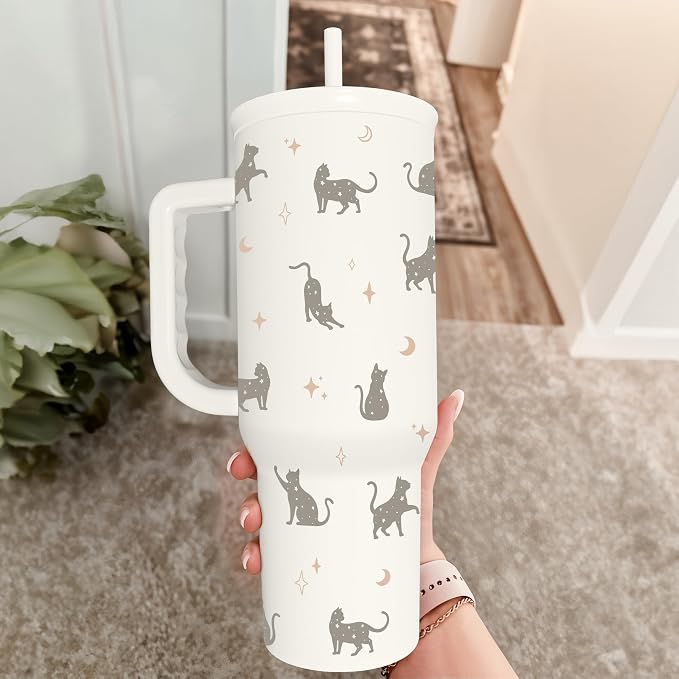 Gift for Cat Lovers Cat Mom – 40oz Stainless Steel Tumbler with Handle and Straw - Travel Coffee Mug for Women, Gift for Birthday, Christmas
