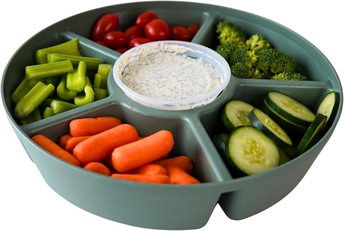 TEGRIWARE Divided Serving Tray with Lid, Fruit Tray, Veggie Tray, Snack Tray, Party Platter for Food Storage & Serving, Made in USA (Sage Green Tray/Clear Lid)
