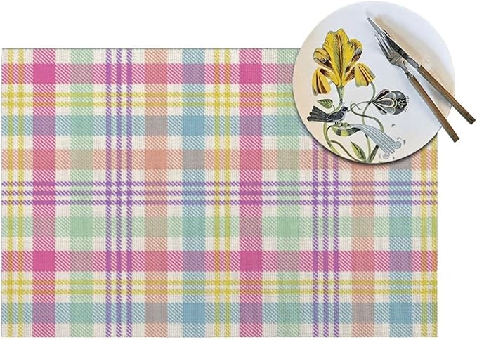 Spring Plaid Placemats Set of 4, Easter Colorful Buffalo Plaid Decorative Table Mat 12 x 18 Inch Heat Resistant Non Slip Line Fabric Place mat for Holiday Party Kitchen Dining Decor