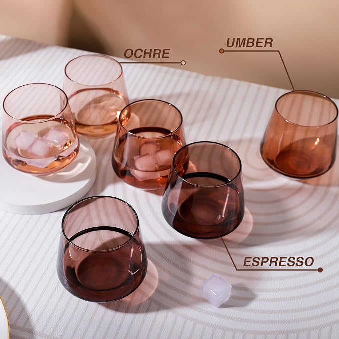 Venus Stemless Wine Glasses Set 6-14oz Melanin Colored Wine Glasses Stemless【HandBlown】 Brown Wine Glasses Set,Unique Brown Wine Glasses for Kwanzaa