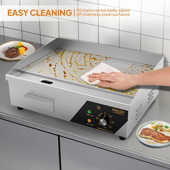 ROVSUN 22" Electric Countertop Flat Top Griddle, 1600W Electric Griddle, Teppanyaki Grill Stainless Steel with Adjustable Temperature Control 122°F-572°F for Home Restaurant Commercial
