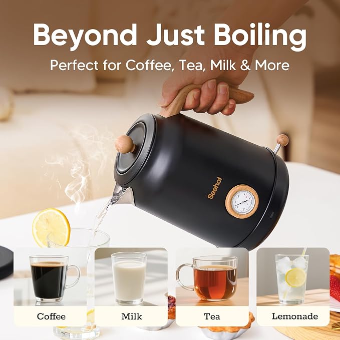 Seehot® Electric Kettle With Thermometer, 1.7L 1200W, Black | Auto shutoff, boil-dry protection,water-contact stainless steel, cordless base for coffee and tea