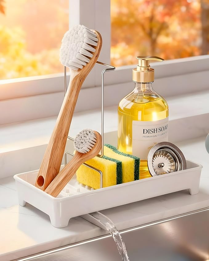 Minimalist Sink Caddy, Rustproof Sponge Holder for Kitchen Sink White | Large Rustproof countertop organizer with 304 stainless steel brush holder, raised ridges and silicone drain tube