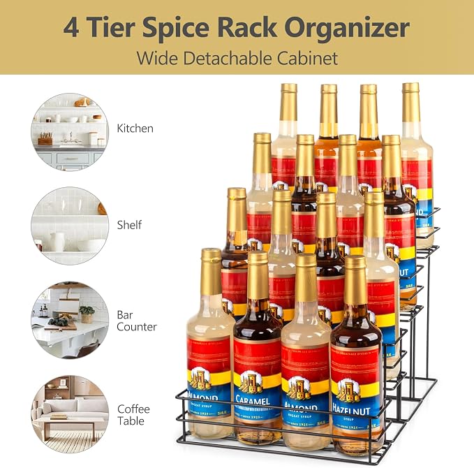 kimilus 16 Bottle Capacity Coffee Syrup Organizer 4 Tier Coffee Syrup Stand Shelf for Coffee Bar Accessories for Coffee Bar Kitchen Small Wine Rack for Bar Family Storage for Syrup Wine Dressing