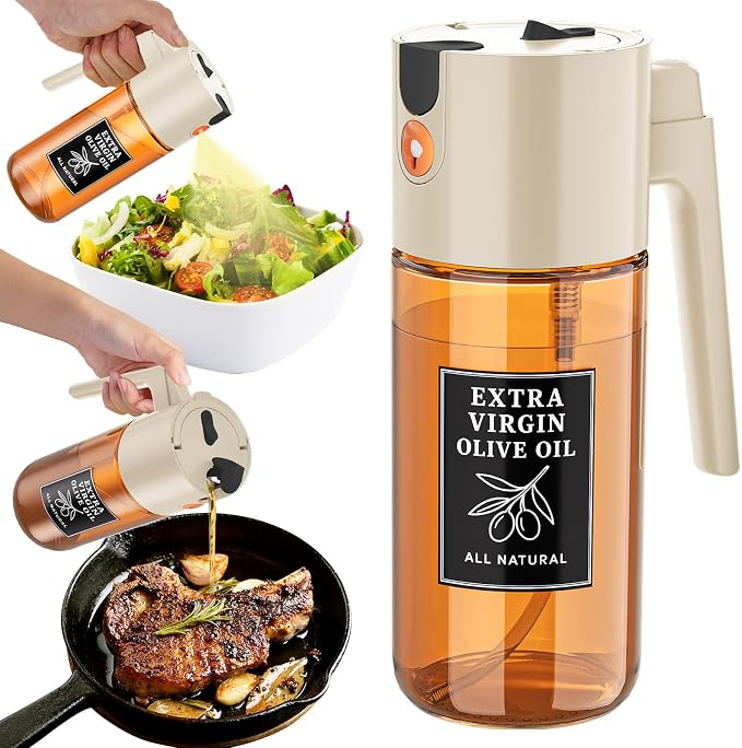 2-in-1 Dark Glass Oil Sprayer & Dispenser, Beige Fine Mist No-Drip | 500ml dark glass for daily cooking, kitchen counter, salad & baking; food-safe, 304 filter, wide-mouth refill and cleaning.