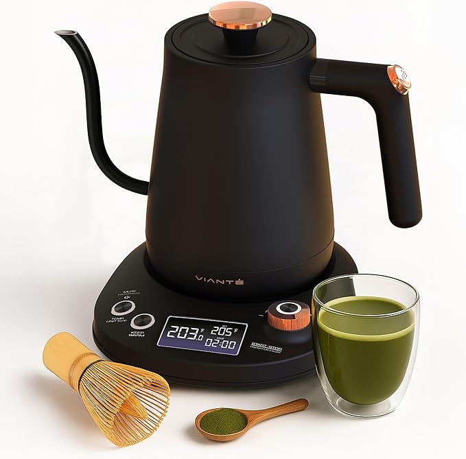Viante Electric Gooseneck Kettle 0.8L, Pour Over Coffee & Tea, Temp Control | Boil-dry protection, keep-warm function, BPA-free stainless steel body. Includes #2 coffee filters