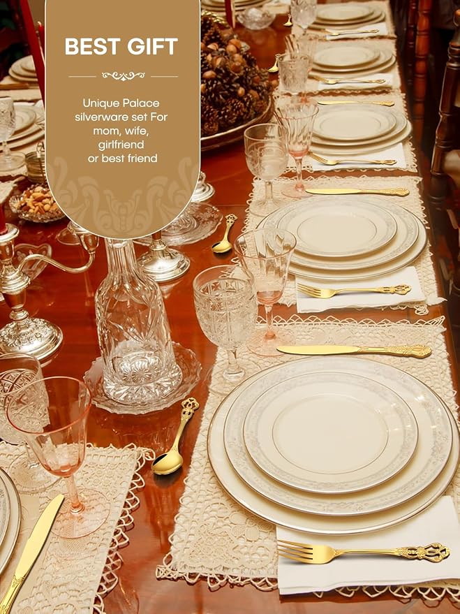 Stapava 30 Pcs Retro Royal Gold Silverware Set, Stainless Steel Gold Utensils Cutlery Set for 6, Gorgeous Flatware Set Include Forks Spoons and Knives set, Dishwasher Safe, Mirror Polished
