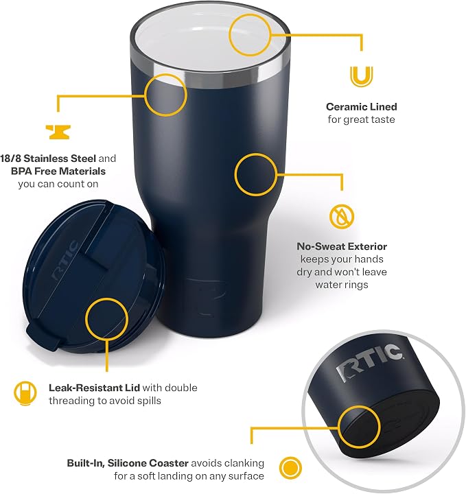 RTIC 40oz Essential Tumbler with Lid, Ceramic Lined, Navy | Insulated, Stainless Steel Metal, Portable Travel Cup for Hot and Cold Drinks, Coffee, Car, Camping and Travel