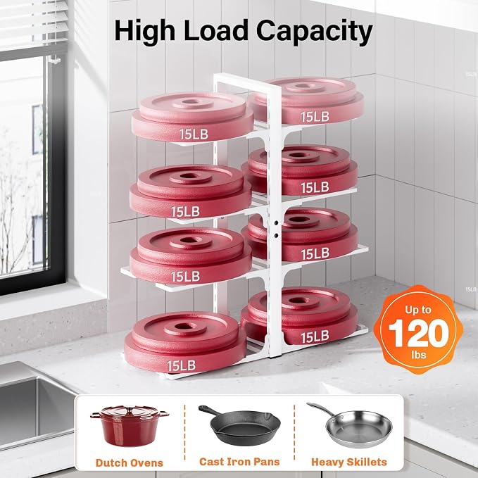 MUDEELA 8-Tier Heavy Duty Pots and Pans Organizer for Cabinet, 20.8"H White | Adjustable heavy-duty pot rack, Holds big stockpots and cookware, Fits under cabinet or on countertops, Easy Assembly