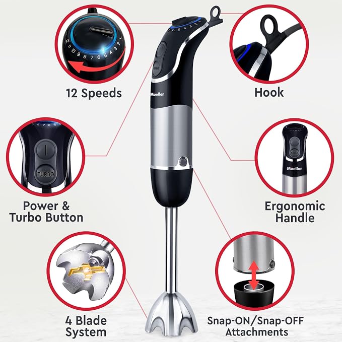 Mueller Multistick 5-in-1 Immersion Blender Handheld, 12-Speed Hand Mixer | Turbo Boost, Heaviest Duty Copper Motor, Titanium Blades Hand Blender, Milk Frother Wand, Whisk, Kitchen Gadgets Black