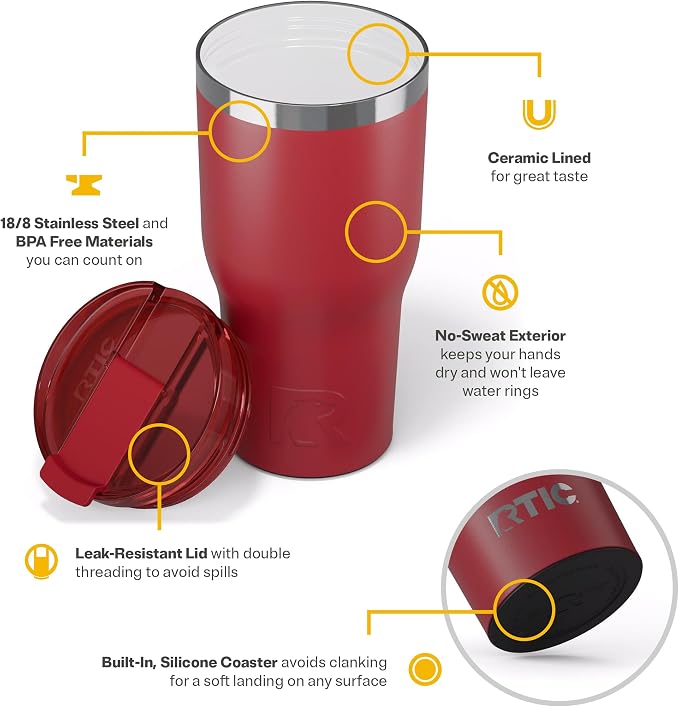 RTIC 30oz Essential Tumbler with Lid, Ceramic Lined, Flag Red | Insulated, Stainless Steel Metal, Portable Travel Cup for Hot and Cold Drinks, Coffee, Car, Camping and Travel