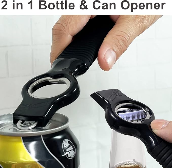 2-in-1 Soda Can Tab & Beer Bottle Opener, Black, 2-Pack | Easy pull tab opener with soft silicone handle protects nails & arthritic hands. Great for bars, picnics, and outdoor events