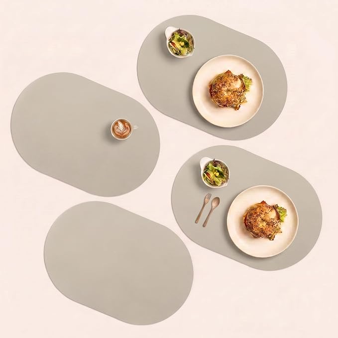 Chiffon Beige Oval Silicone Placemats Set of 4 – Heat Resistant, Waterproof, Easy to Clean Non-Slip Modern Dining Table Mats – Premium Leather Textured Japandi Kitchen Decor
