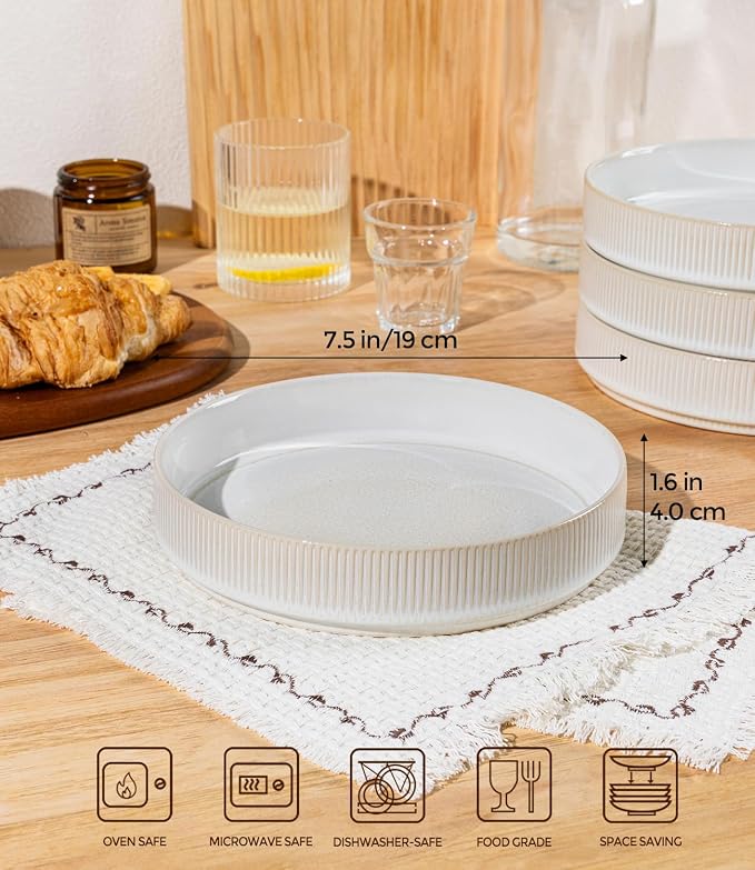 7.5" Ceramic Pasta Bowls Set of 4, Salad Bowls | Versatile Serving Bowls for Pasta, Salad, Fruit & Noodles, Housewarming & Wedding Gift, Reactive White