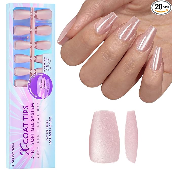 BTArtboxnails XCOATTIPS Cat Eye Press On Nails, Short Coffin, Bling Baby | Lamp-Curable 4-Week Wear, Salon Quality Value at Home, Natural Nail Look, Easy-to-Apply for Beginners, 1606ct Nail Tips Only