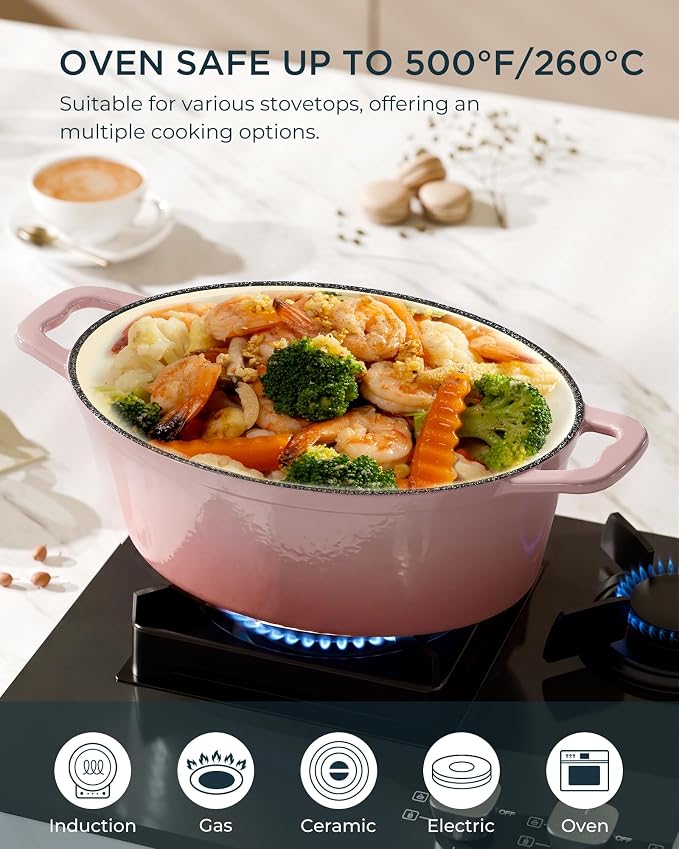 Enameled Cast Iron Dutch Oven - 9.3QT Dutch Oven Pot with Lid & Cotton Potholders - Heavy-Duty Non Stick Casserole Pot for Braising, Stews, Roasting, Baking, Suitable for All Stovetops, Gentle Pink