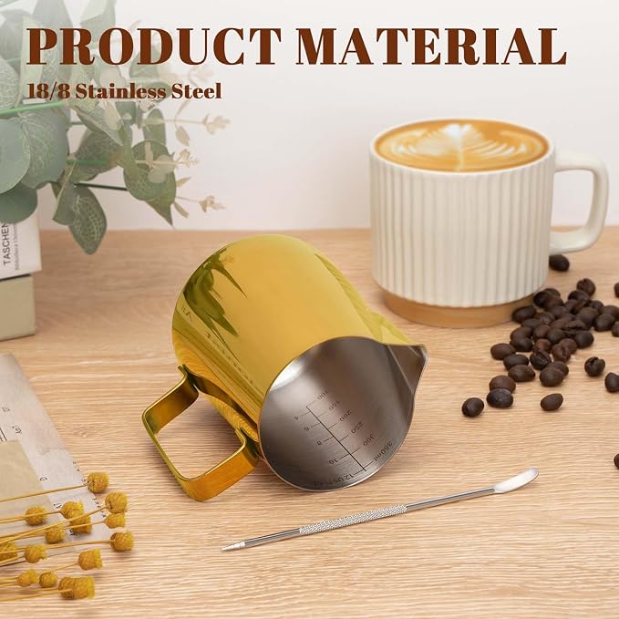 Amrules Milk Frothing Pitcher, 12 oz Milk Frother Cup with Clear Scale, 304 Stainless Steel Cappuccino Espresso Machine Accessories for Barista Coffee Bar with Latte Art Pen, Gold