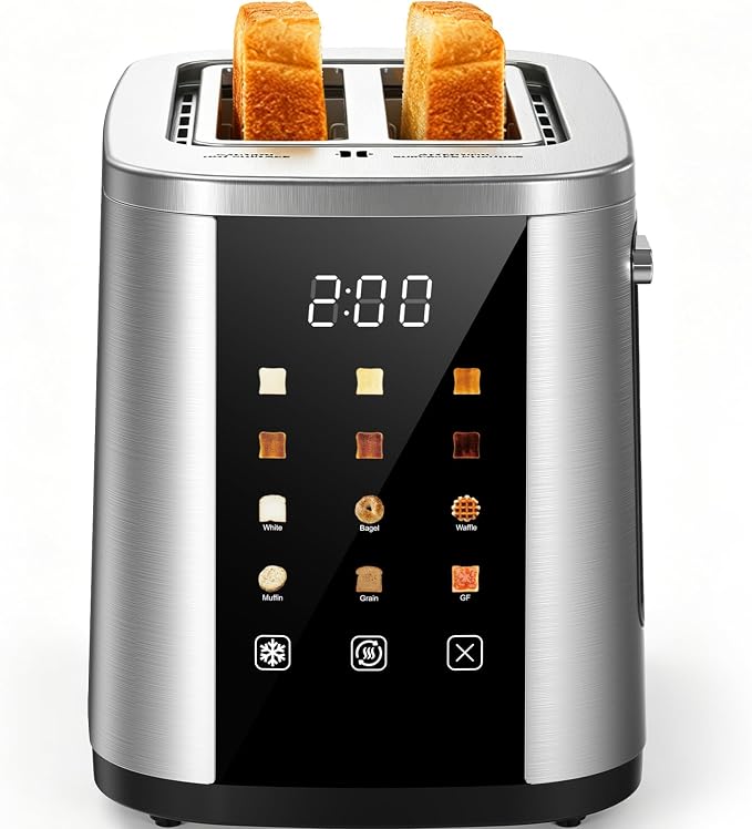 Foyoconven 2 Slice Toaster with Touch Screen, 1.5" Extra Wide Slots for Bagels & Thick Bread, Stainless Steel, Digital Countdown Timer, 6 Shade Settings, Defrost/Reheat/Cancel, Removable Crumb Tray