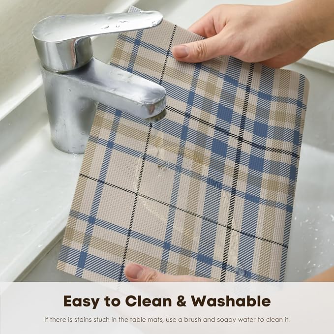 Artoid Mode Stripe Plaid Vinyl Placemats Set of 4, 12x18 Inch Washable Non-Slip Heat Resistant Plastic Place Mats for Party Dining Table, Brown/Blue