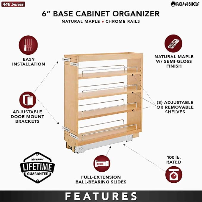 Rev-A-Shelf Pullout Kitchen Cabinet Organizer, Min Cabinet Opening 7" W | 7" W Full Extension Slide-Out Organizer with Adjustable Shelves for Full Height Base Cabinets, 448-BC-6C