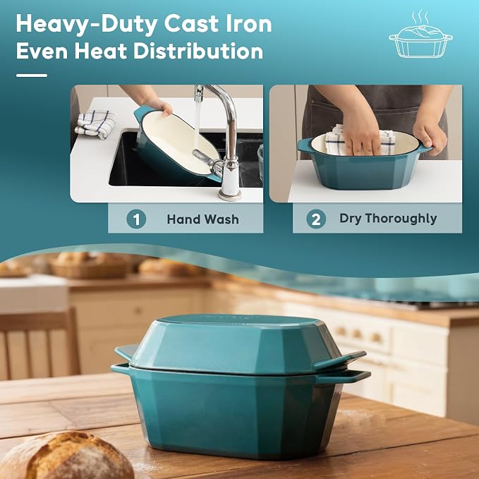 Enameled Cast Iron Sourdough Bread Oven – Dutch Oven for Sourdough, Oval Cast Iron Bread Pan with Lid，Loaf Cast Iron Dutch Oven for Baking (3.3QT-Blue）