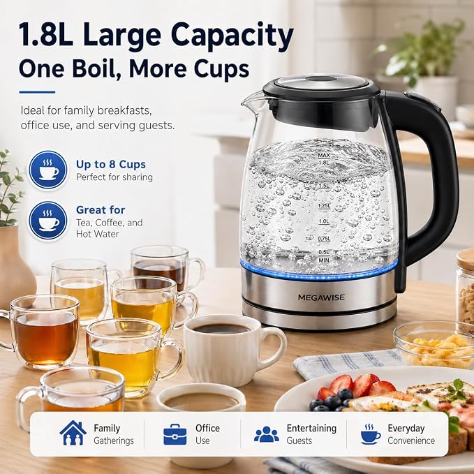 MEGAWISE Electric Kettle 1.8L, High Power Fast Boiling Hot Water Boiler, Auto Shut-Off, BPA-Free Food-Grade Material, Tea Kettle for Kitchen Home Office Coffee Tea