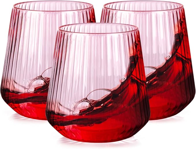Ciaell 30 Pack Pink Plastic Wine Glasses for Weddings Parties | 12 oz Clear Pink Ribbed Origami Stemless Wine Cups, Heavy Duty Plastic, Champagne Wine Cocktails Whiskey for Baby Showers